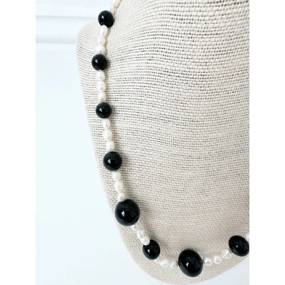 NWT Genuine Black Onyx & Pearls Necklace Black White